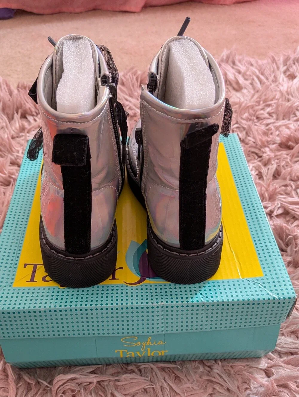 Kids Holographic Lace-Up Ankle Boots with Black Ribbon Laces